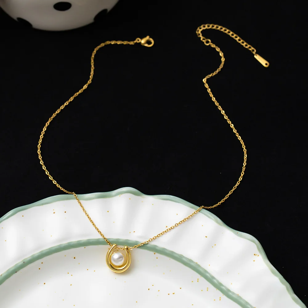 الفولاذ المقاوم للصدأ U-شكل اللؤلؤ قلادة قلادة للنساء الفتيات الذهب اللون أنيق سلسلة الترقوة هدايا حفلة خطوبة مجوهرات