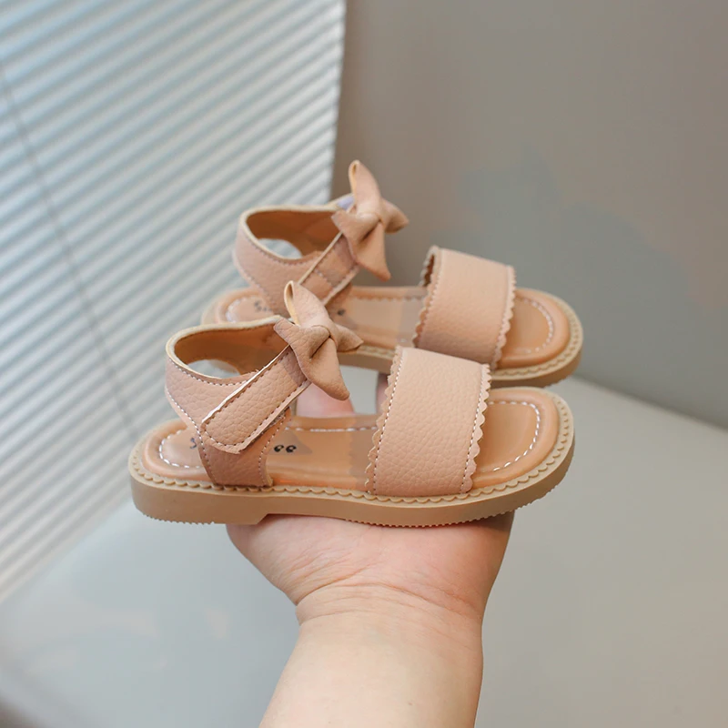 Baby Girls Summer Solid Color Bow Princess Square Head Kids Beach Casual Comfort Sandals Children Elegant Student Flat Bottom