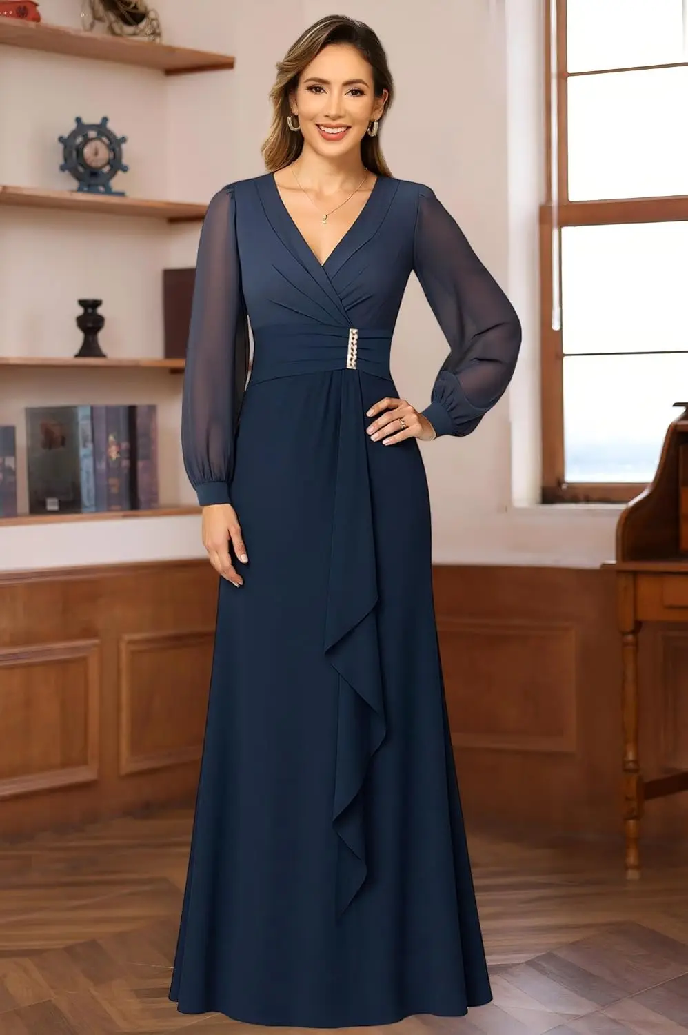 

Ruffle Mother of The Bride Dresses with Long Sleeves for Women V Neck A Line Wedding Guest Dresses