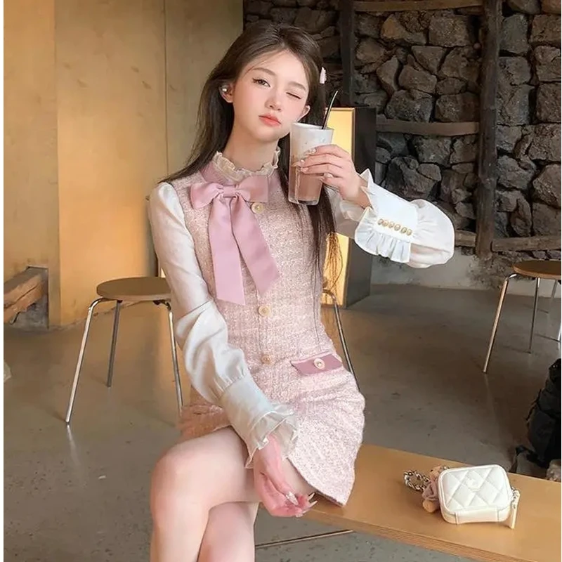 Women Spring Autumn Sweet Pink Mini Dress Korean Lady Graceful Bowknot Patchwork Long Sleeve Dresses 2024 New Tweed Gown Female