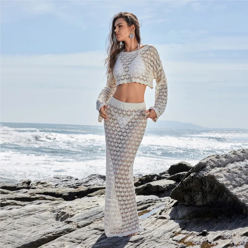 

2025 Women's Sexy Knit Cut Out Bell Sleeve Short Top Long Skirt 2 Piece Summer Holiday Casual Solid Set Swimwear Cover Up