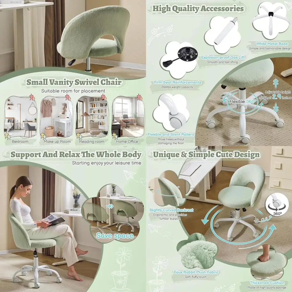 

Компактное вращающееся кресло из искусственного меха для девочек - регулируемая высота, мятно-зеленый цвет, идеально подходит для учебы и макияжа.