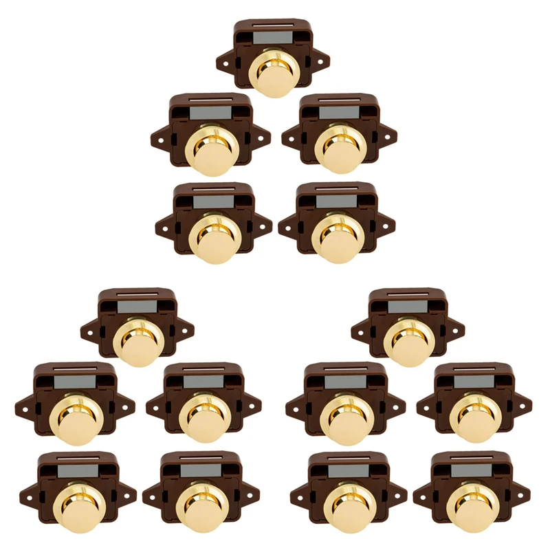 15Pcs Keyless Push Button Catch Door Knob Lock For RV Caravan Cabinet Boat Motor Home Cupboard, Brown Gold