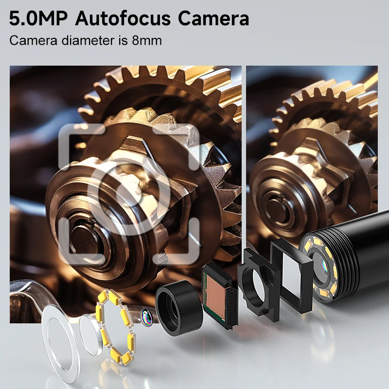 Wireless Industrial Endoscope 1920P Camera for iOS/Android IP67 Rigid Cable Split Design Autofocus 8MM 1920P Borescope for Pipe