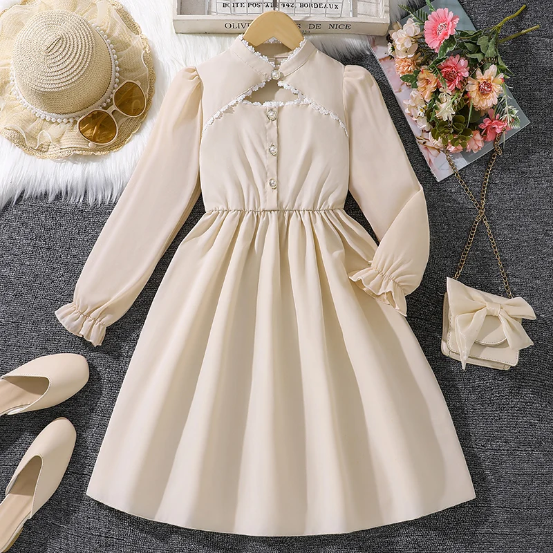 فستان بناتي بعمر 8-12 سنة، مكرامي دانتيل أنيق للصيف، ياقة مكشكشة، أكمام طويلة، خصر مرن، تنورة كینية، حلوة Pr #1