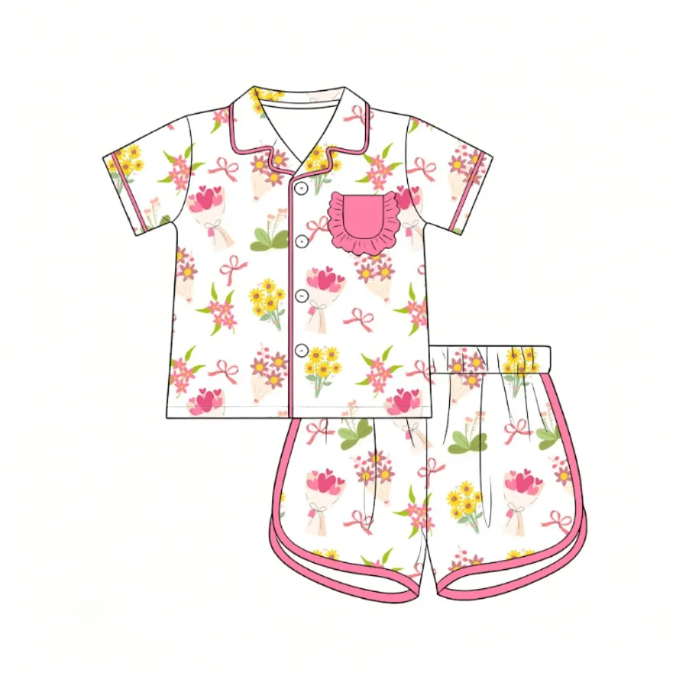 Floral and Strawberry Print Ruffled Pocket Collar Short-sleeved Top and Shorts Summer New Girls Boutique Pajama Set