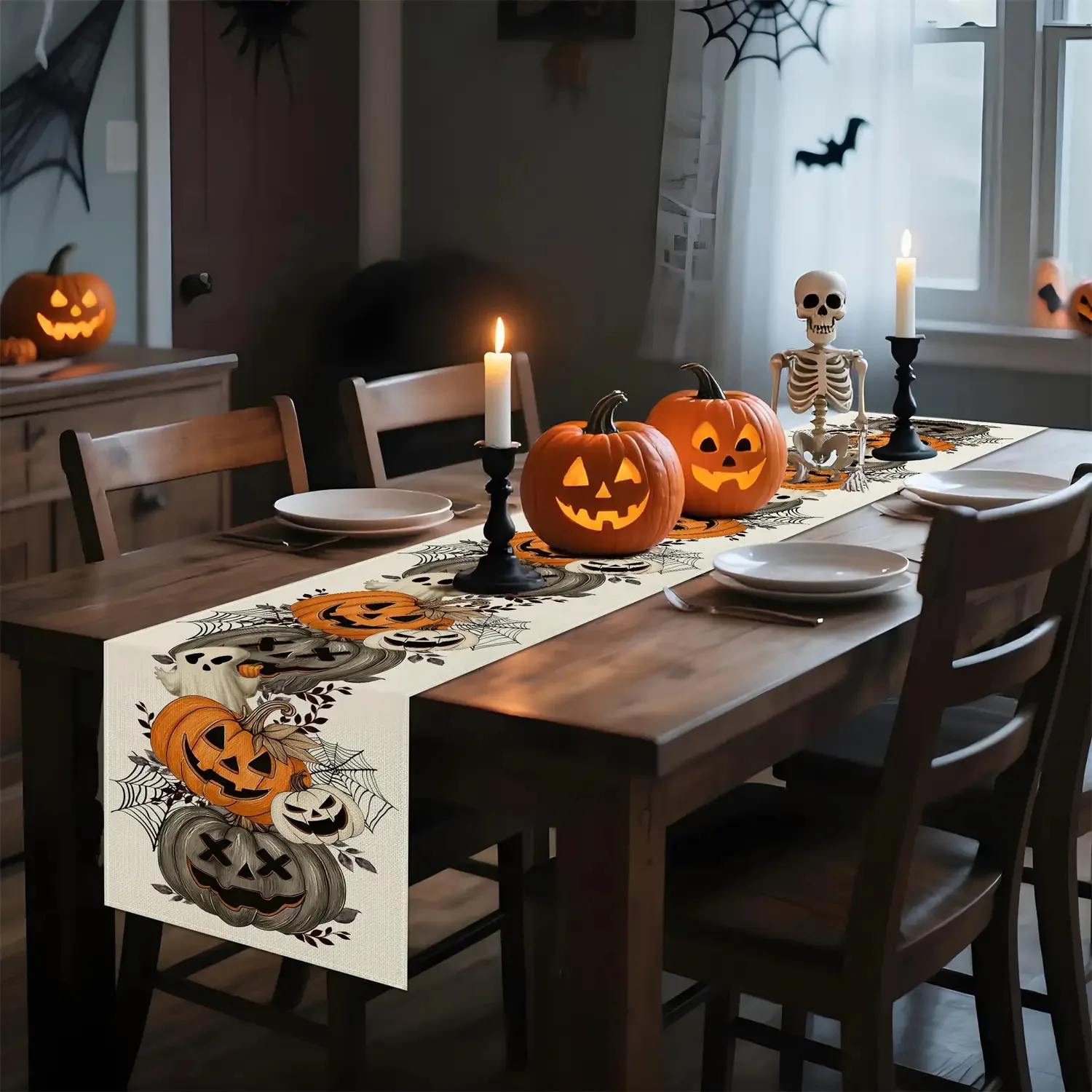 

1pc Pumpkin Lantern Spider Web BranchHalloween TableFlag Suitable for Indoor Dining Room Kitchen Home Party Dining Room Decorers