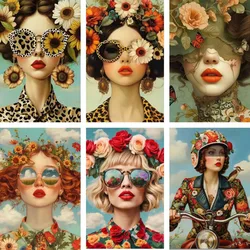 Beautiful Woman with Glasses Flower Posters and Prints on The Canvas Prints Modern Art Woman Wall Paintings Room Decor Picture