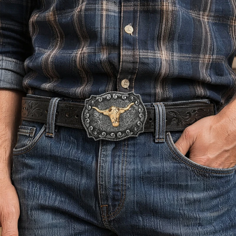 2026 Men's Western Cowboy Belt - Cool Handsome Black PU BELT Material Embossed Design and Stylish Alloy Buckle Men Belt