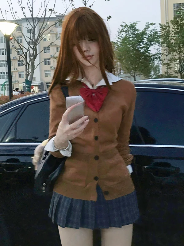 Original Jk Uniform Autumn Winter Brown Waist-Cinching V-neck Long Sleeve Knitted Sweater Sexy Harajuku School Style Fashion Set
