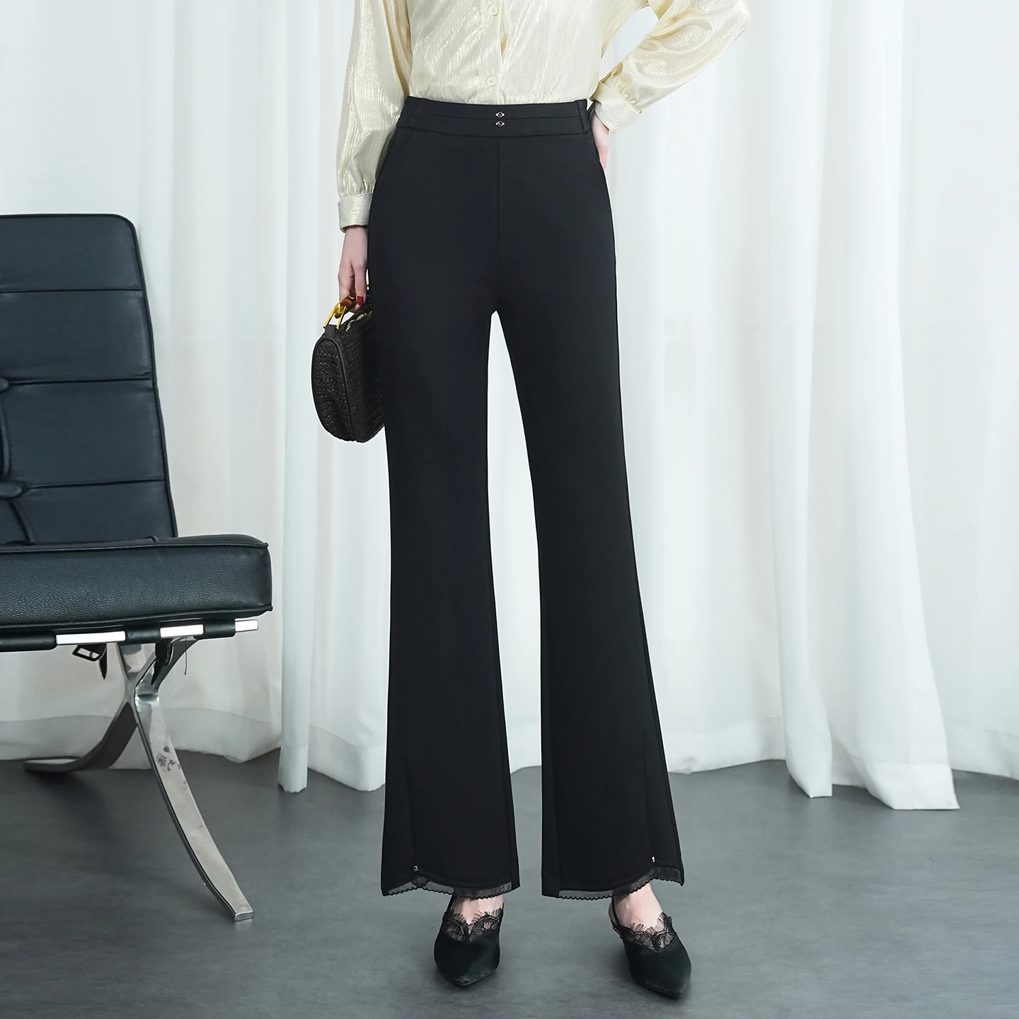 

High Waist Draped Lace Patchwork Casual Pants for Women Autumn 2025 Asymmetrical Bell Bot Ele Drapey Mom Jeans