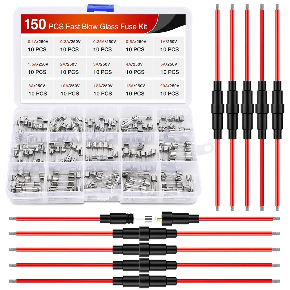 Fusibili in vetro ad azione rapida da 150 pezzi con 10 pezzi 5x20mm Portafusibili in linea Tipo a vite 16AWG 250V 0.1A - 20A Assortimento di fusibili per tubi in vetro