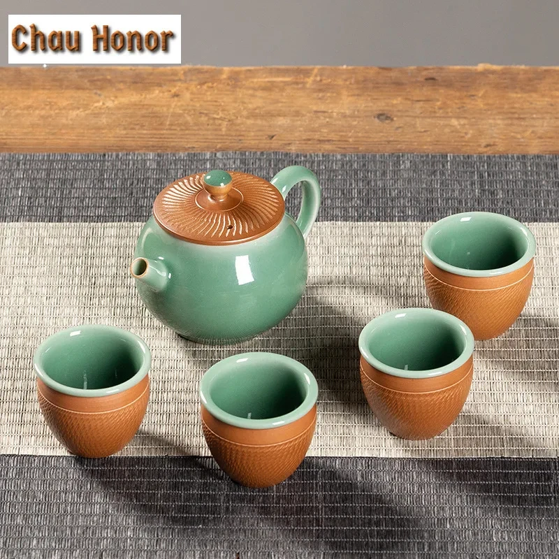 Handmade Knife Jumping Longquan Celadon Tea Set Complete Set Creative Tea Ceremony Set Teapot and Tea Cup Set Teaset Collection