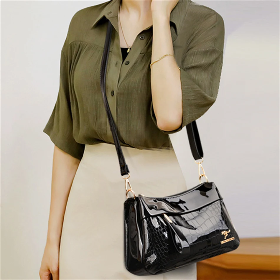 3 Layers Women Handbag Purses Luxury Designer Patent Leather Shoulder Messenger Bags for Female Vintage Crocodile Summer Sac