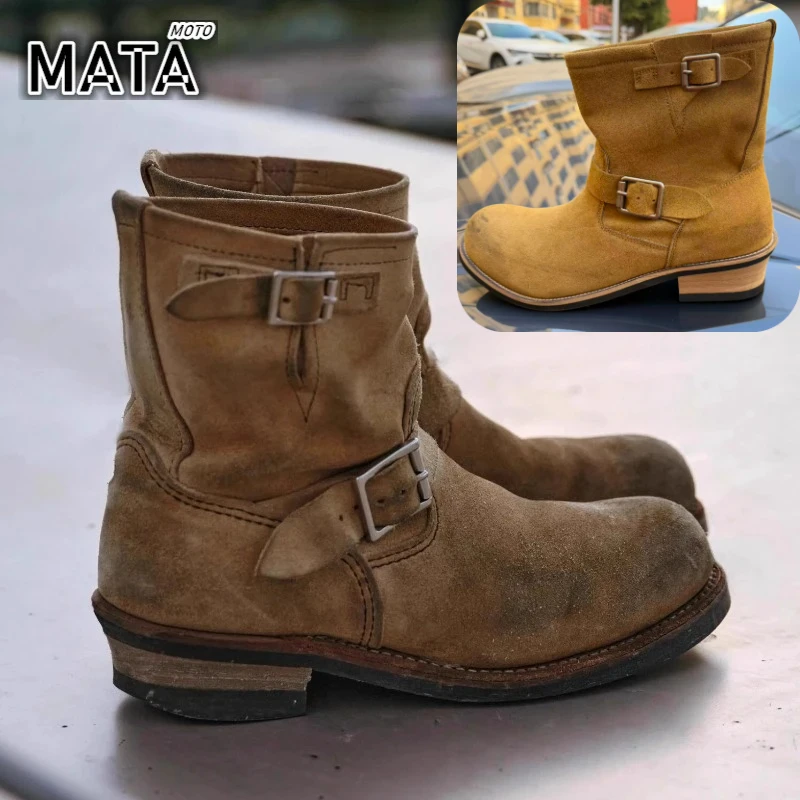 

HOT Handmade Vintage Khaki Suede Work Boots Men and Women Engineer Ort shoes American Retro Motorcycle Boot Faded Mid-Calf Boot