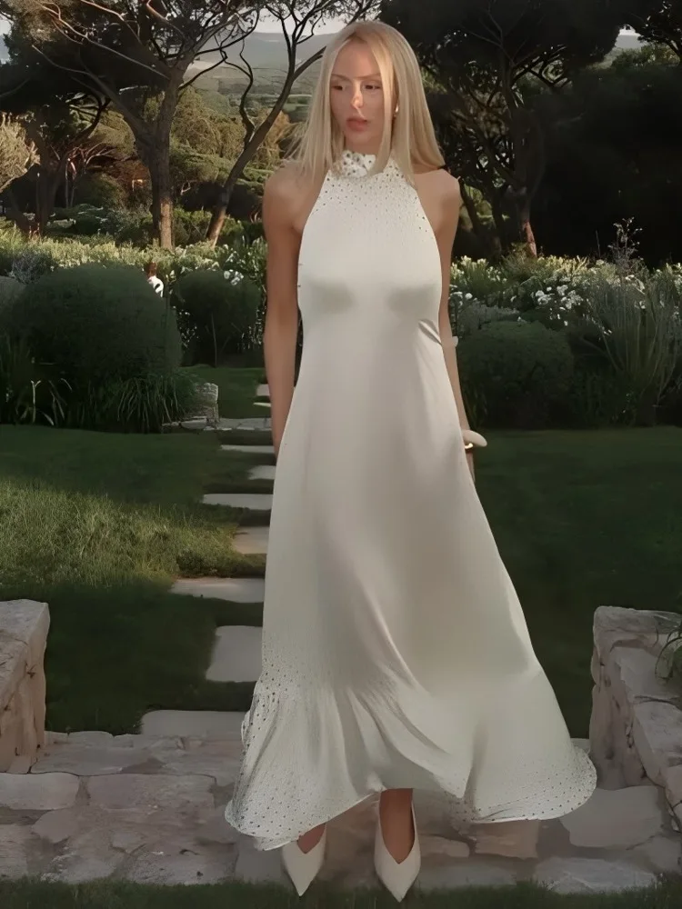 Articat エレガントなノースリーブ水玉サテンロングドレス女性のセクシーな背中の開いたボディコンパーティークラブイブニングドレススリム Vestidos