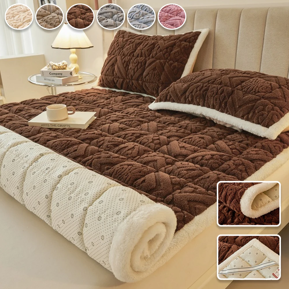 Thick Fleece Mattress Pad Warm Milk Velvet Bed Blanket Pads for Solid Color Bedsheet Protector Cover Available in Various Sizes