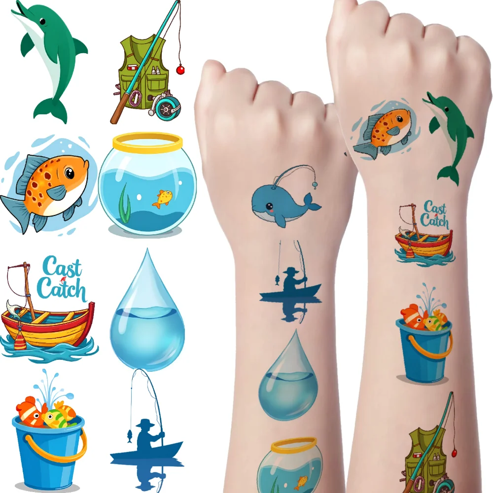 

63pcs Temporary Tattoo Fishing Rod Temporary Tattoo Stickers Fishing Sign Fish Waterproof Long-lasting Body Stickers