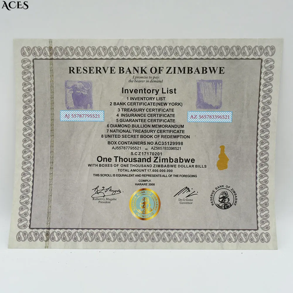 Zimbabwe Certificate One Thousand Notes Unique Serial Number Paper Money Inventory List Retro Style Gold Belt with UV Mark