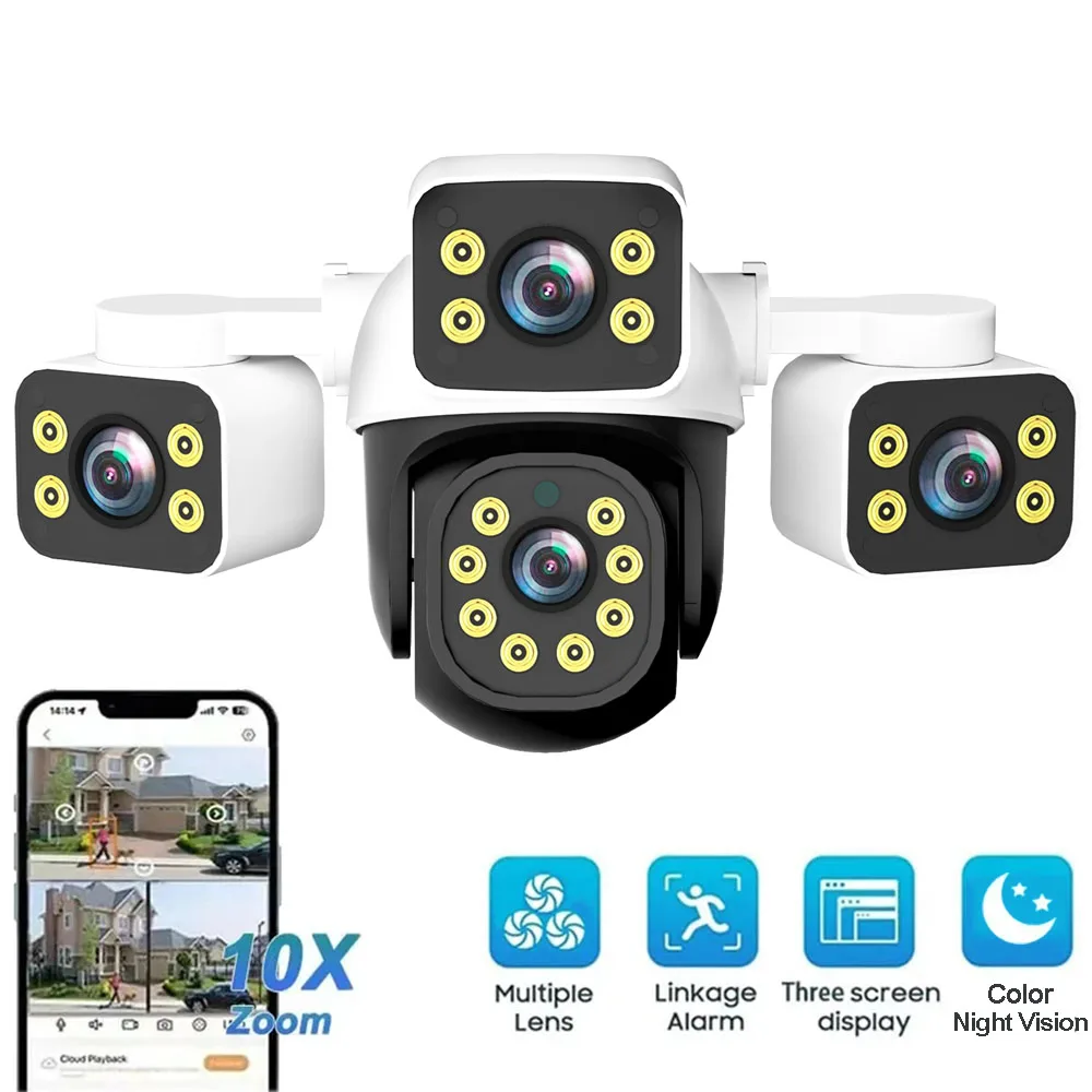 

WiFi IP Camera 6K 12MP Three Screen Three Lens 10X Zoom Cam AI Detection Automatic Tracking Wireless Outdoor CCTV Surveillance