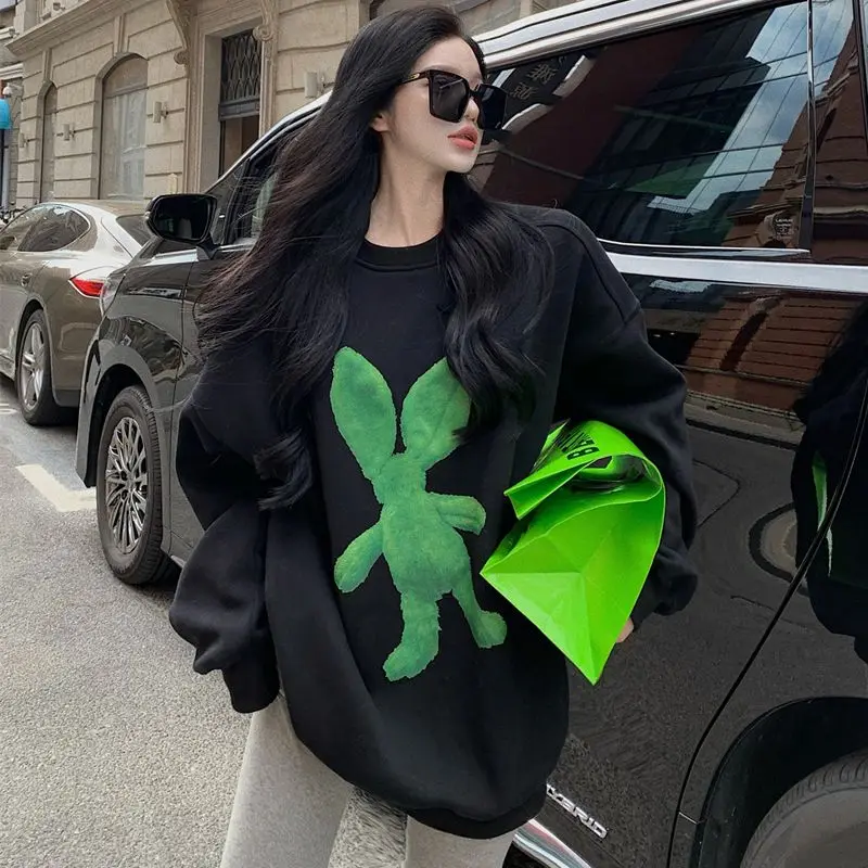 

Rabbit Mid-Length Pullover Sweatshirt Women 2024 Autumn Winter New Loose Lazy Design Niche Long-Sleeved Hooded Top