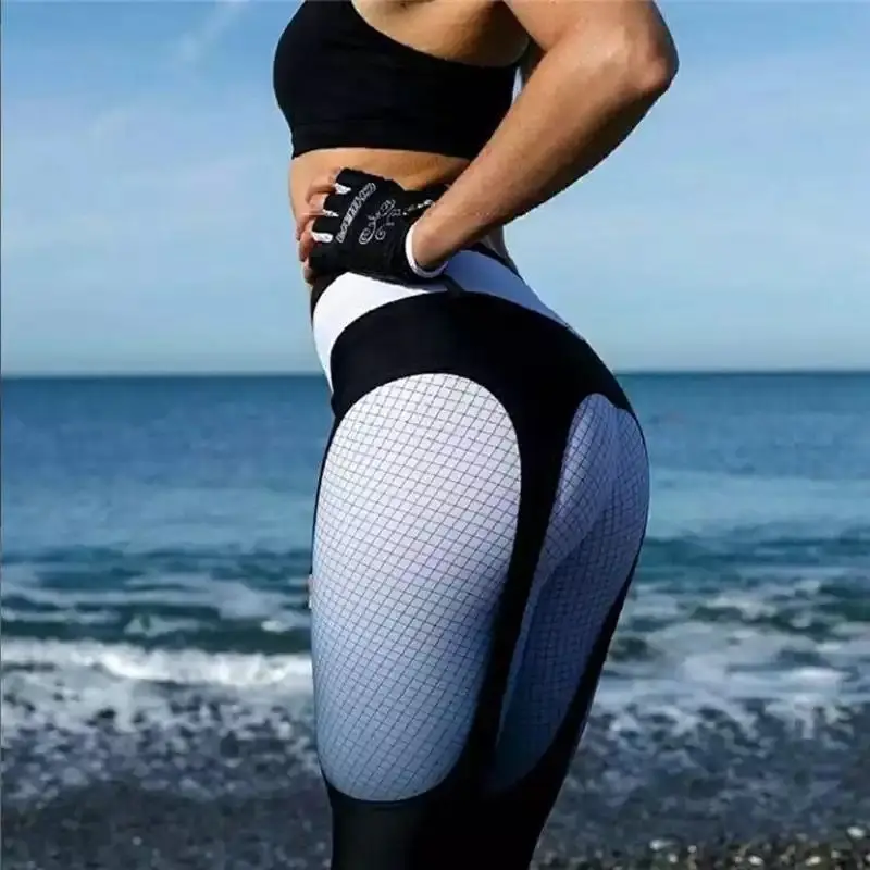 Calça exterior invisível da virilha aberta do sexo, cintura alta, estiramento impresso, esportes, corrida, aptidão, ocasional, ioga, quadril do pêssego, perneiras push-up