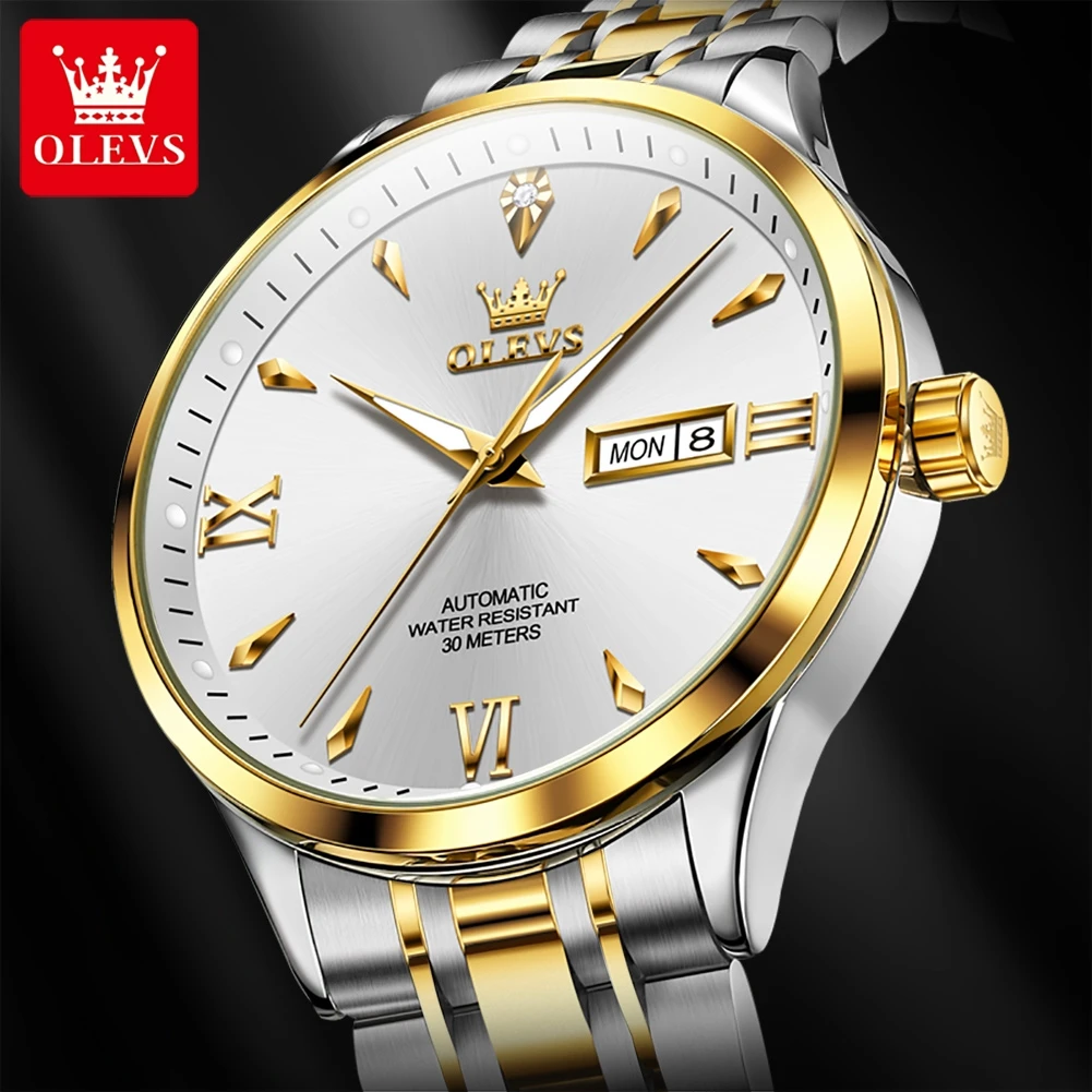 OLEVS 9956 Mens Watch Original Fashion Automatic Mechanical Watch For Man Waterproof Luminous Reloj Hombre Dual Calendar Display