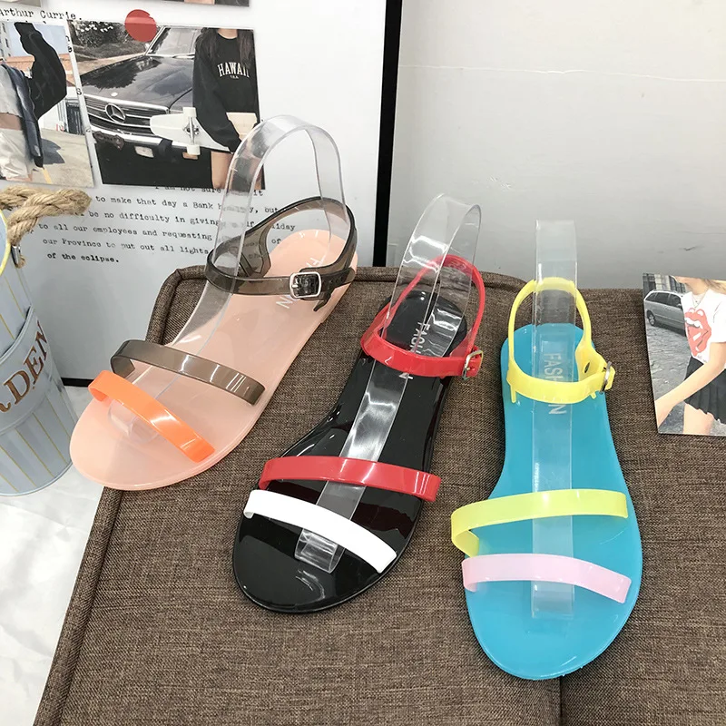 Rainbow Jelly Sandals Shoes Women Summer Flat Plastic Shoes 2022 Simple Design Female Sandals Shoes for Holiday Beach Shoe