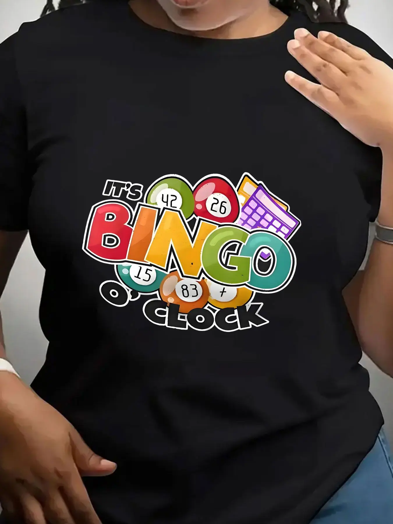 Women's Trendy Crew Neck T-Shirt Its Bingo O Clock Design Suitable for Casual Sportswear