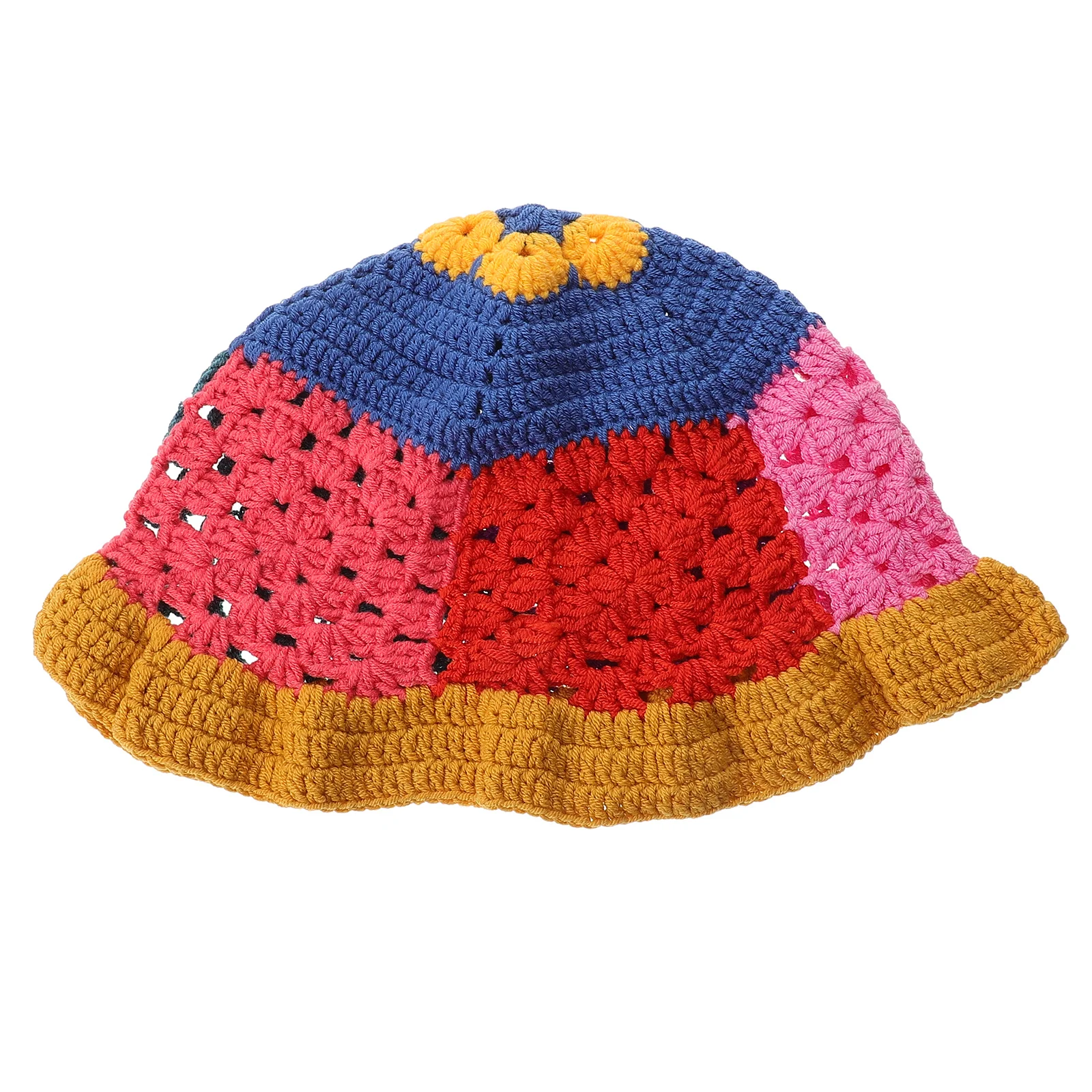 

Japanese Vintage Hollow Floral Crochet Bucket Hat Yellow Edge Autumn Winter Hand Knitted Bucket Hat Women Crochet Beanie