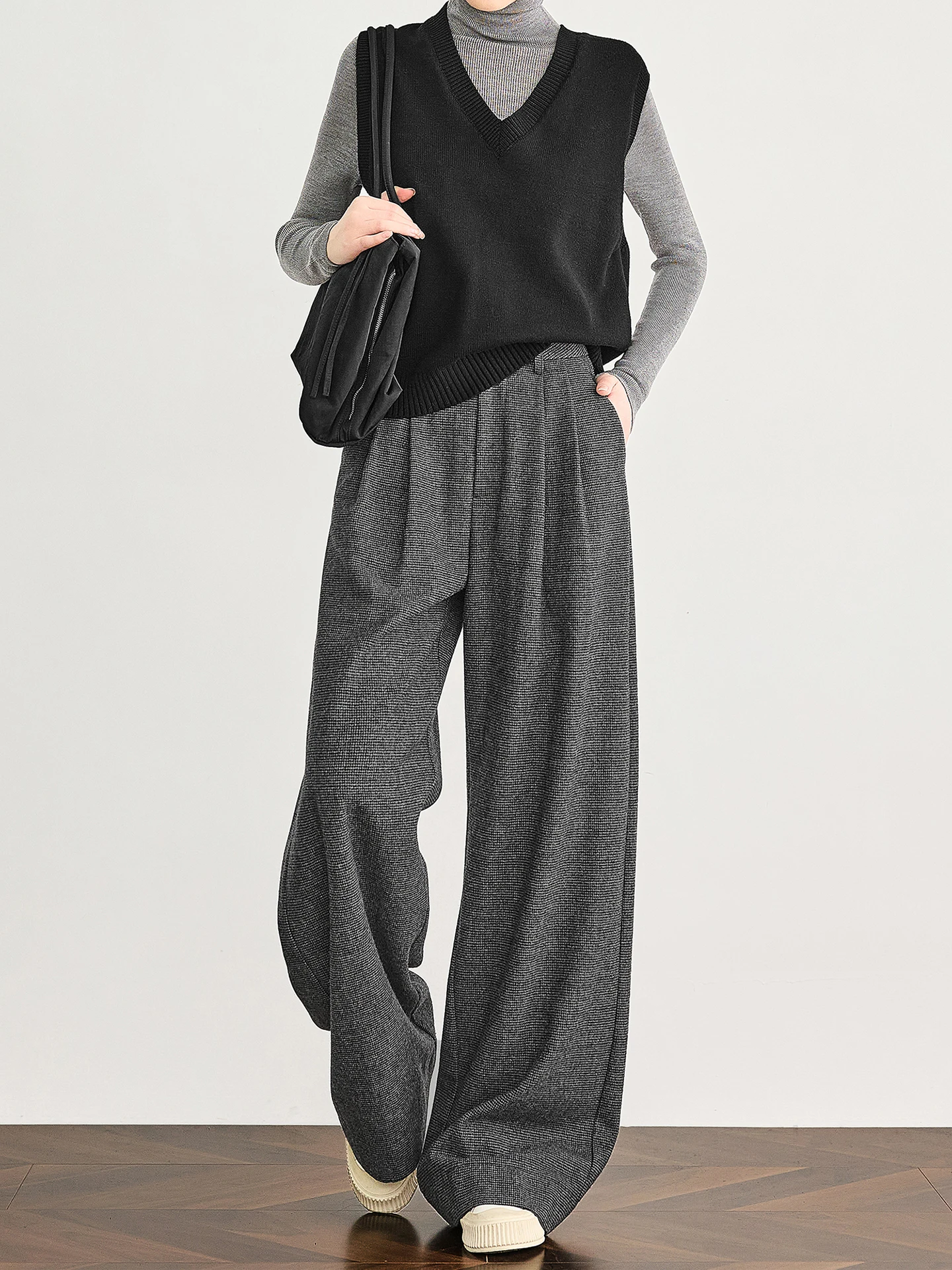 

Ele Classic Plaid Woolen Wide Leg Pants High Waist Textured Women's Autumn Winter Trousers Casual Straight Cut Pants