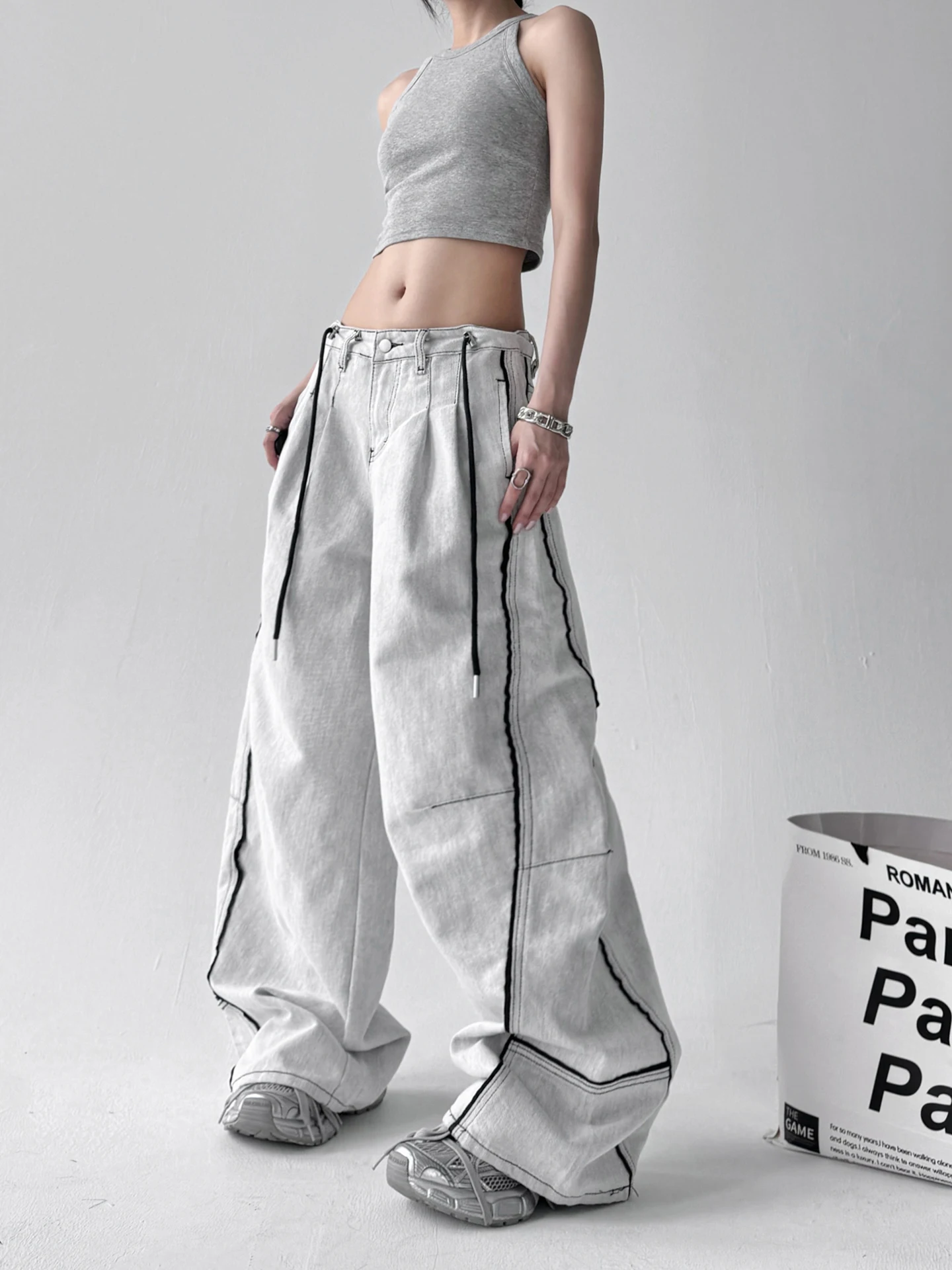 American Retro Color Blo Wide Leg Pants Women's Summer New Casual Loose Jeans High Waist Cotton Blend Elastic Waist