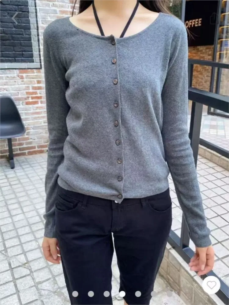 

Серый хлопковый вязаный кардиган с люверсами, женский осенний новый повседневный тонкий пальто на пуговицах с длинными рукавами, простые базовые винтажные топы, футболки