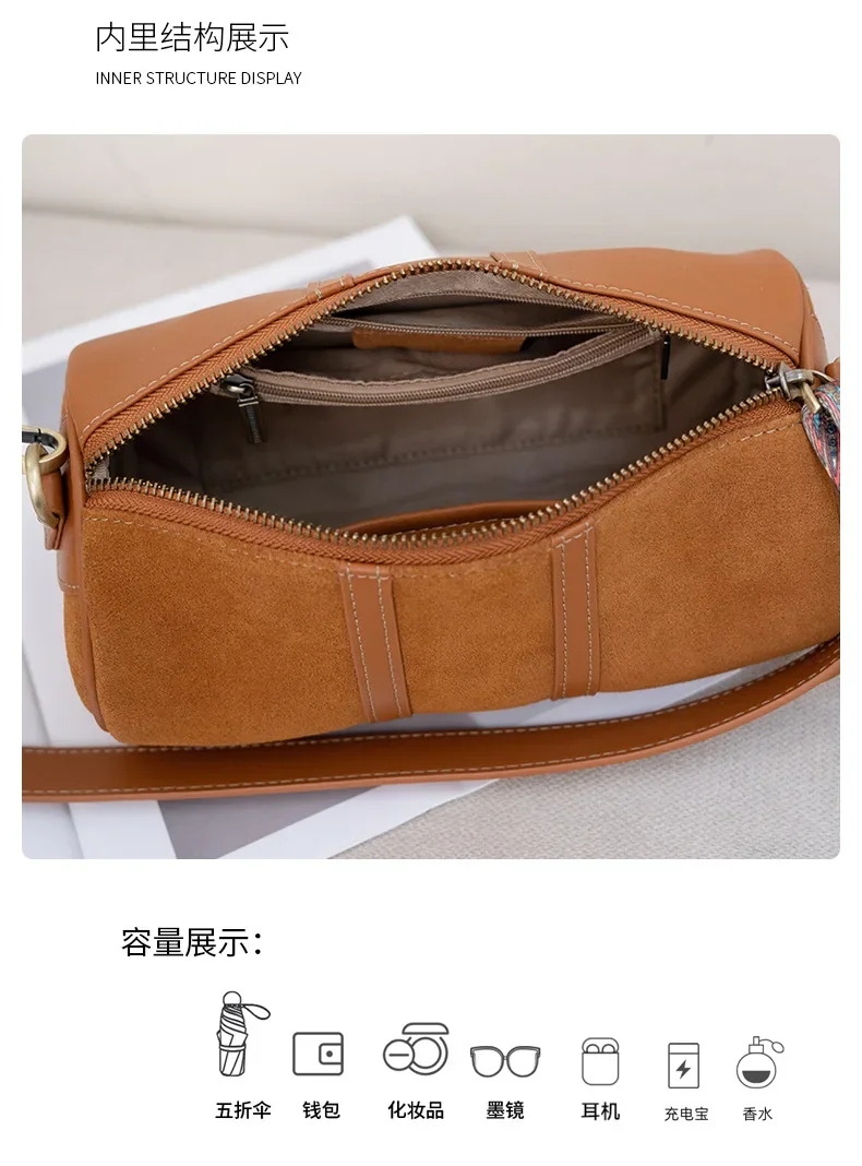 Two Straps Women's Retro Cylindrical Half-Nubuck Leather  Underarm & Shoulder Bag - Genuine Handbag for Daily & Occasions