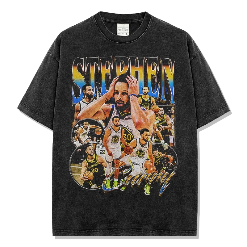 Camiseta con fuente degradada de Stephen Curry lavada con ácido, camiseta gráfica multiimagen, corte relajado, ropa de calle informal de Hip Hop para hombre