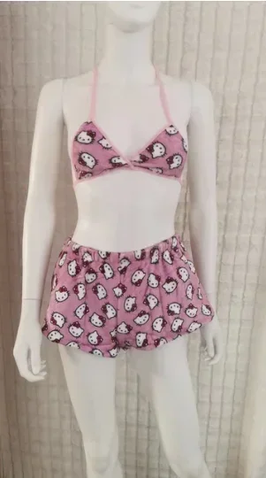 Hello Kitty Pyjama Cartoon Slaap Achtergrond Familie Lounge Vrouwen Strandkleding 2 Stuks Zomer