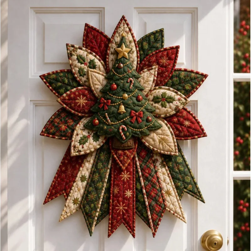 Classic Quilted Christmas Wreath Tree Pattern Front Door Swag Traditional Winter Flower Garland Wall Hanging Unit
