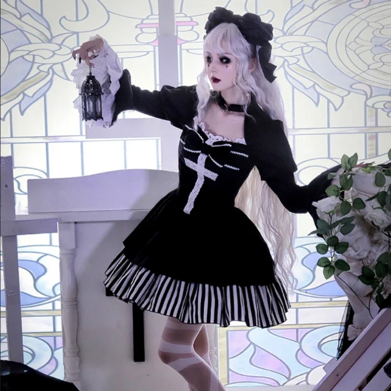 Vestido gótico de Lolita para mujer, minivestido de princesa de terciopelo negro con lazo Kawaii para Halloween y fiesta