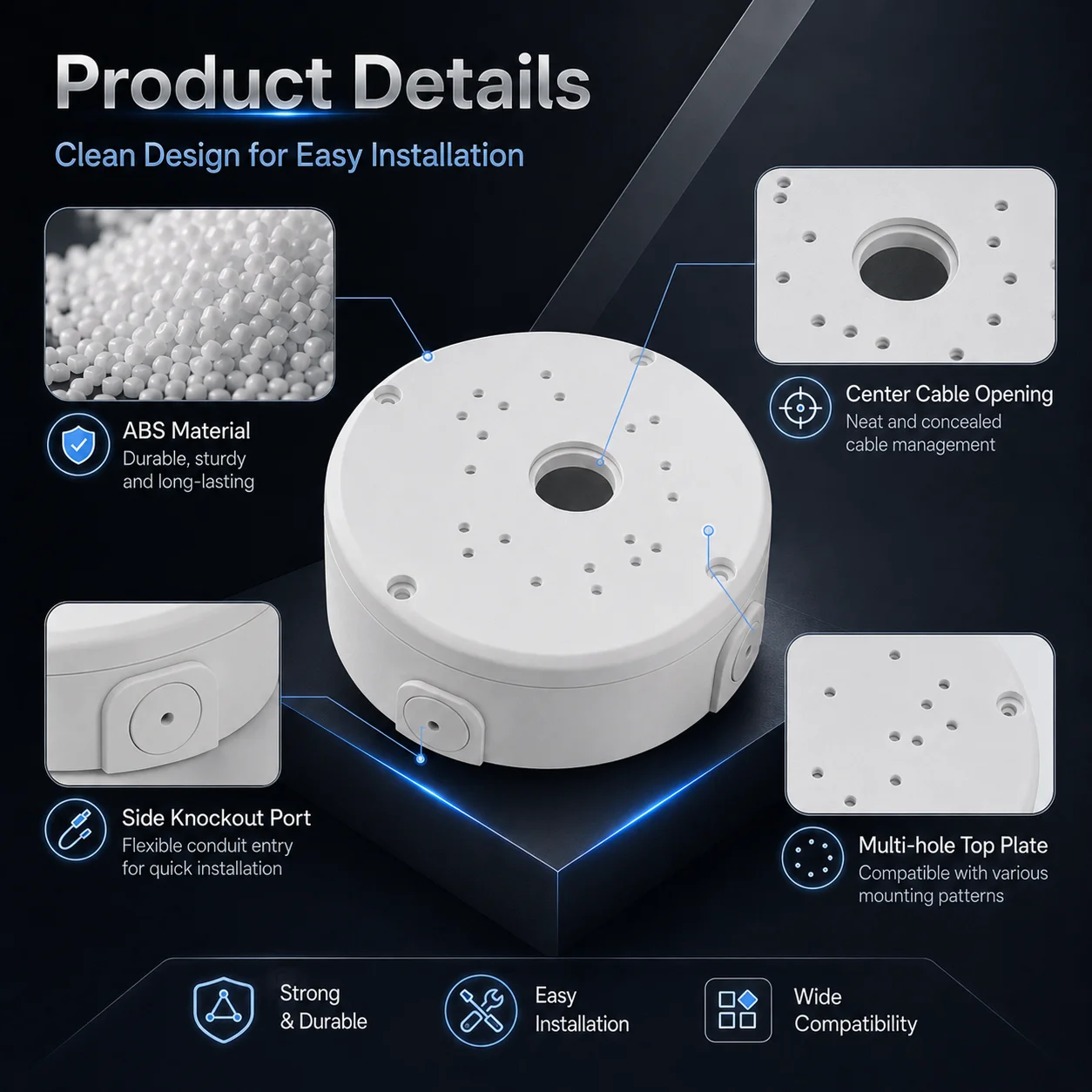 Dome Camera Ceiling Mount Base Round ABS Junction Box Cable Hide Bracket for CCTV Security Camera Installation