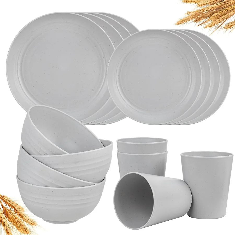 

16 Pcs Wheat Straw Dinnerware Sets for EcoFriendly Reusable Tableware: 8 Plates 4 Bowls 4 Cups Set Suitable for Microwave and D