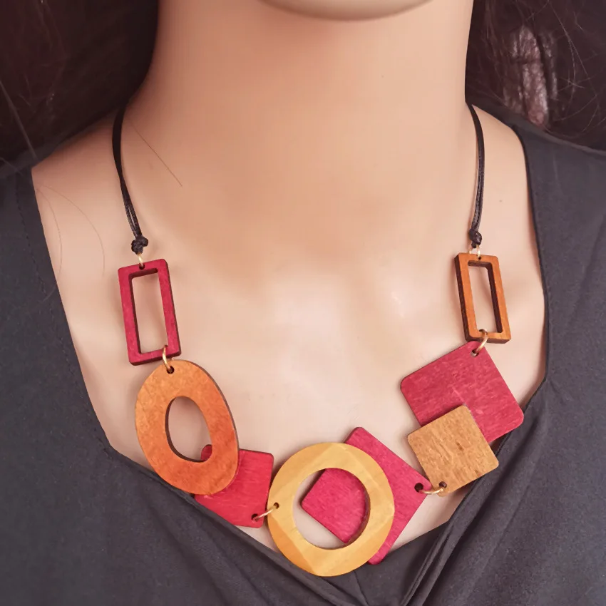 

Boho Vintage Multicolour Wooden Geometric Bib Necklace for Women 2023 New Handmade Maxi Necklaces Ethnic Statement Neck Jewelry