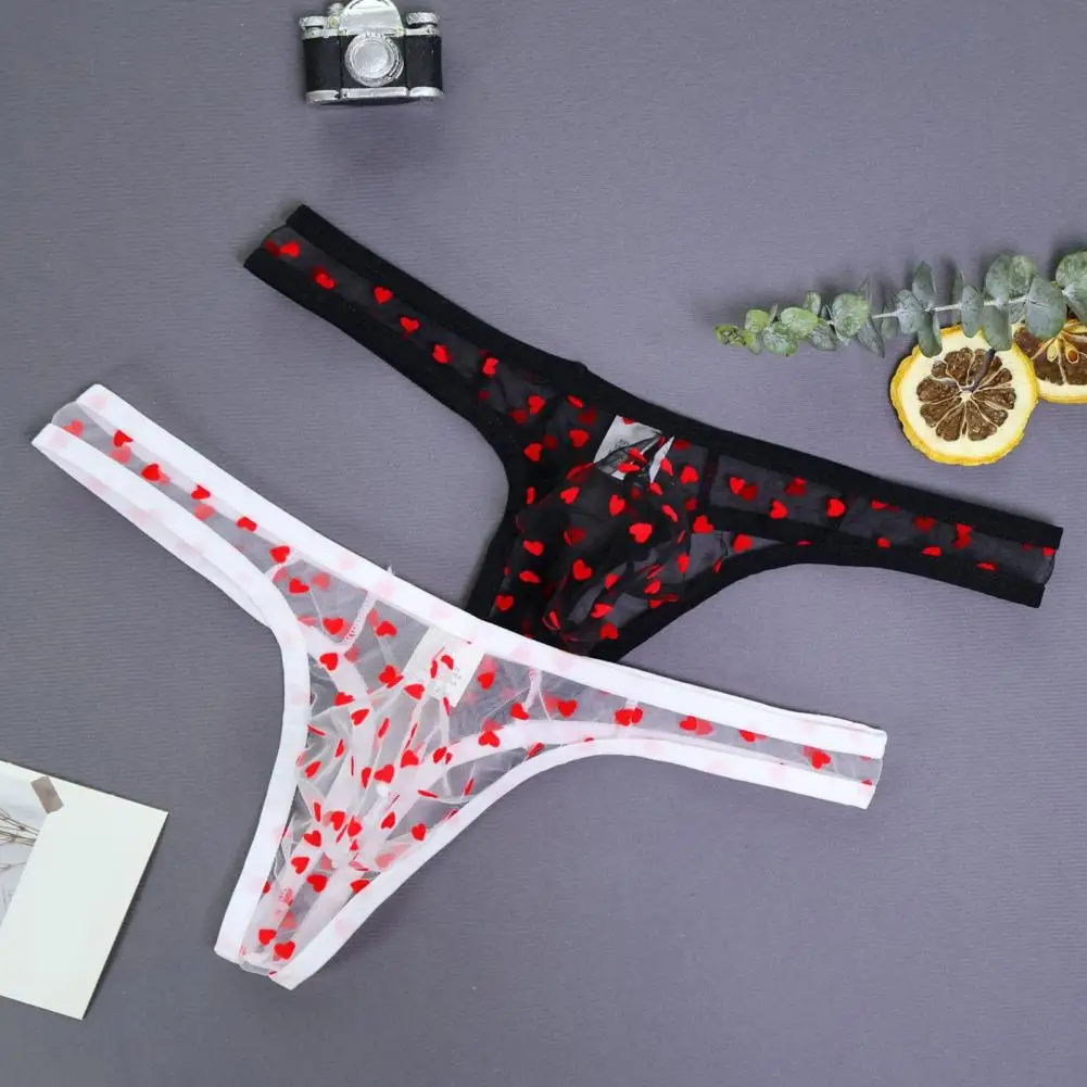 

Men Briefs Underwear Low Waist Perspective Heart Pattern Briefs Mesh Thong Breathable Panties Romantic Valentine Day Briefs
