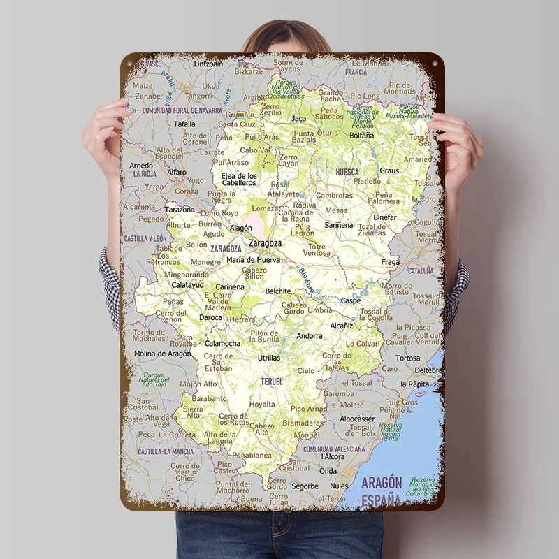 Mapa de Aragón, España, Póster Impreso Personalizado, Arte Retro de Pared, Letreros Metálicos Vintage para Decoración del Hogar, Sala de Estar, Decoración de Escritorio