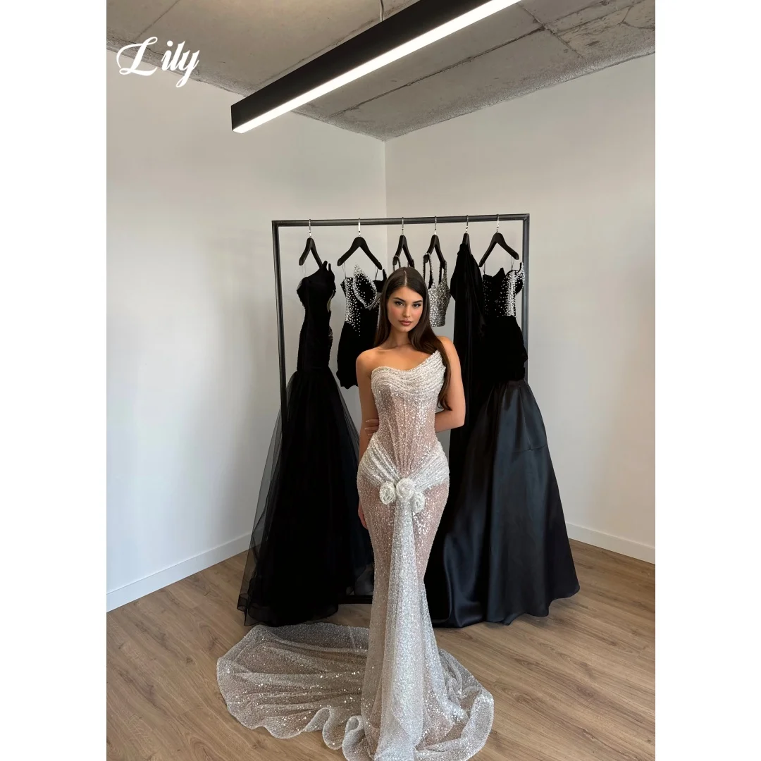 

Lily Luxury Silver Beaded Evening Dress Draped Neckline Mermaid Prom Dress with Sheer Corset Bodice And 3D Flowers Customized
