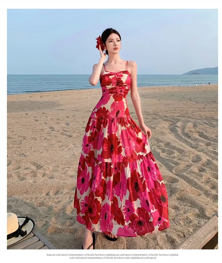 المرأة المطبوعة فستان طويل الصيف مطوي حمالة فساتين عطلة السيدات سليم ألف خط بلا أكمام الأزهار بوهو نمط رداء طويل