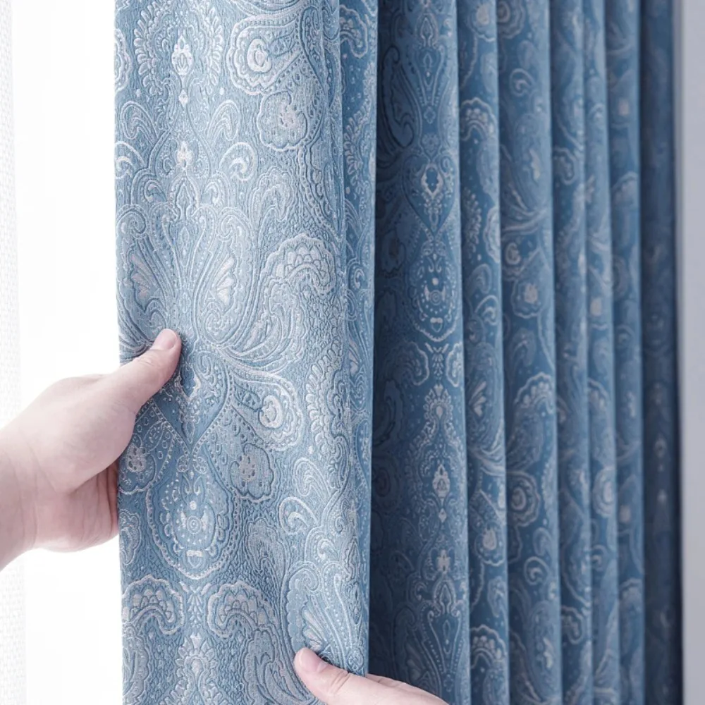 

Curtains for Living Room Bedroom in American Light Luxury Nordic Minimalist Style Custom Blue 3D Jacquard Blackout Drapes Decor