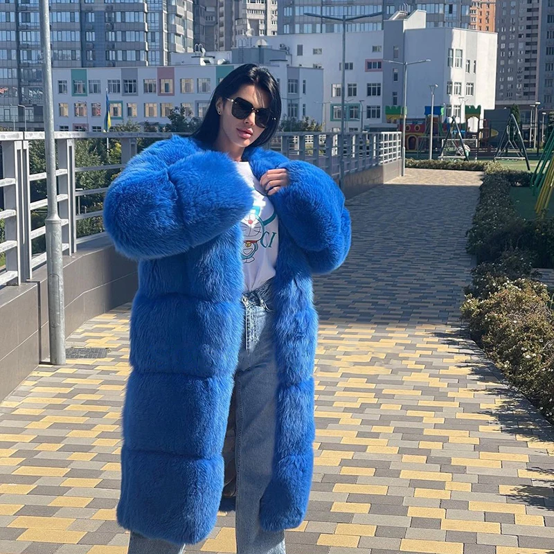 ของแท้ Blue Fox Fur เสื้อกันหนาวฤดูหนาวผู้หญิงแฟชั่น Outertwear ฮูดดี้แขนยาว Warm จริงขนสุนัขจิ้งจอกแจ็คเก็ตหญิง