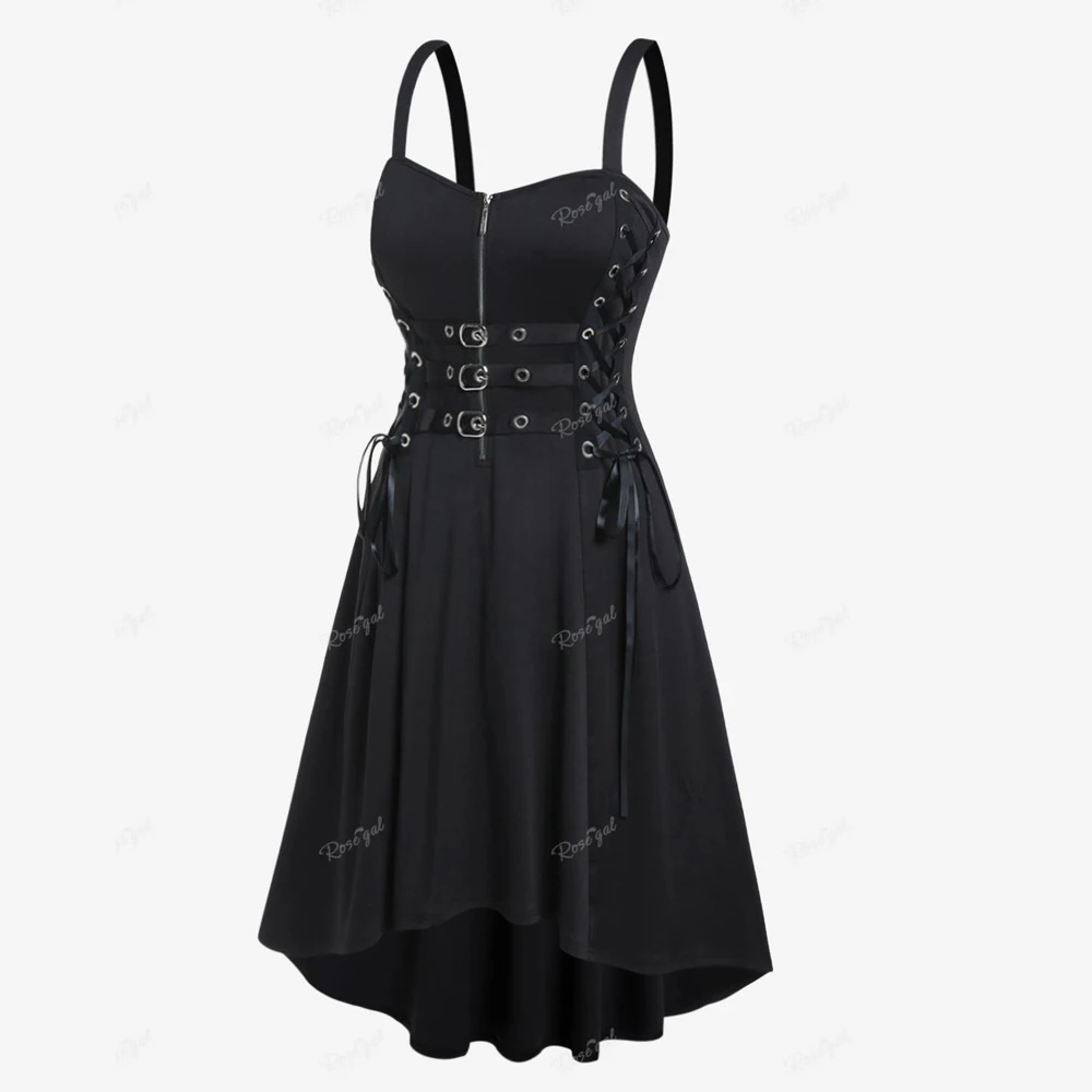 Sukienka midi w stylu gotyckim plus size, sznurowana, z klamrami, z wysokim stanem, dekoltem w serduszko, asymetryczna, z krótkim zamkiem, bez rękawów, imprezowa, punkowa.