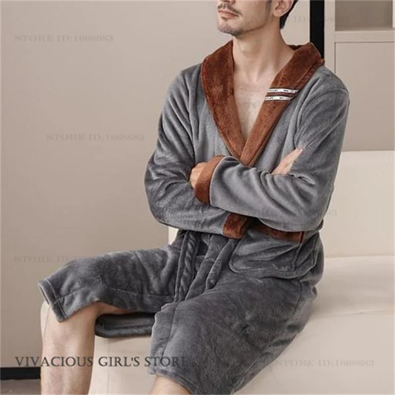 

Winter Couple Flannel Robe Sleepwear Warm Kimono Bathrobe Gown Homewear Thicken Coral Fleece Men Nightwear Loose Loungewear