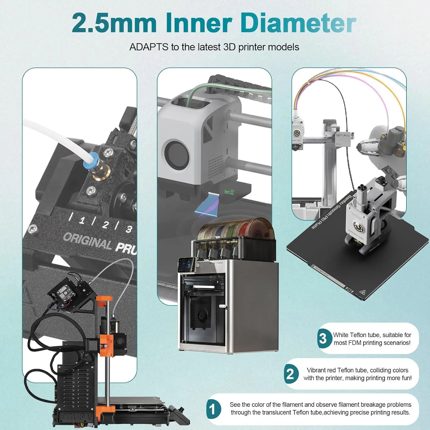 Rurka PTFE do drukarki 3D Bambu Lab P1P AMS A1 mini, rura Bowden do ekstrudera, filament 1.75mm, 2.5x4mm, do A1 Mini/A1/P1P/P1S/X1C — zdjęcie produktu 4